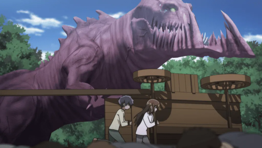kamikatsu. a wagon tipped over with children running from a strange beast.